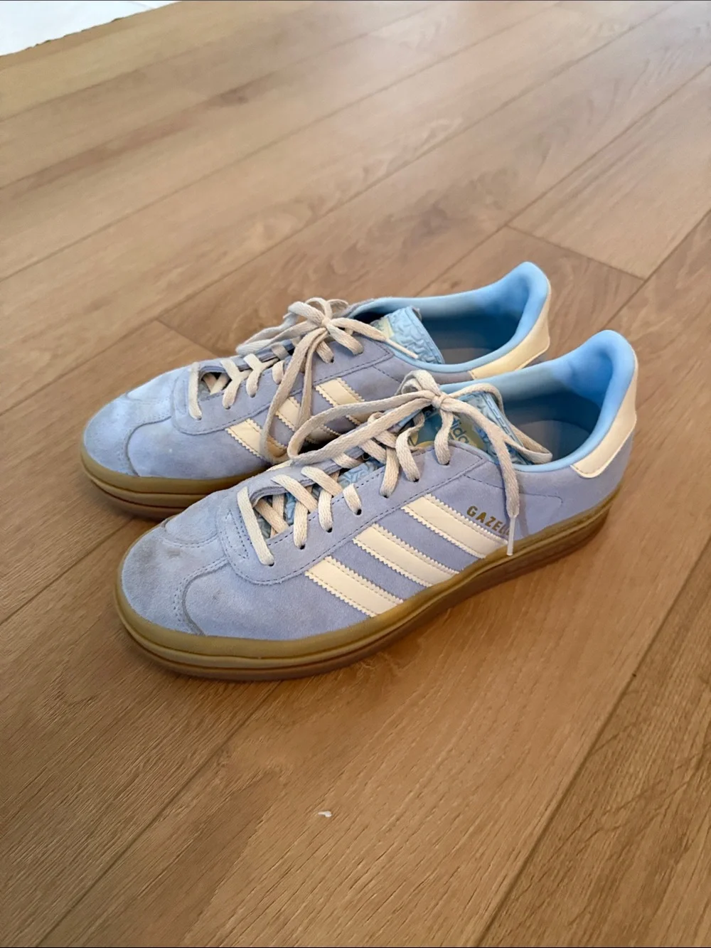 adidas Gazelle Platform Suede Sneakers in Light Blue and White with Gum Sole